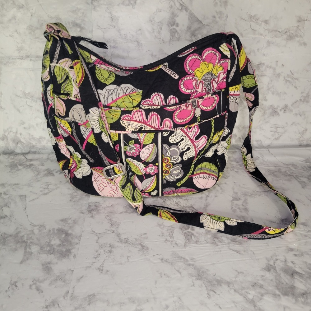 Vera Bradley Crossbody Messenber Bag Moon Blooms Black Multi Floral‎ Front Pkts